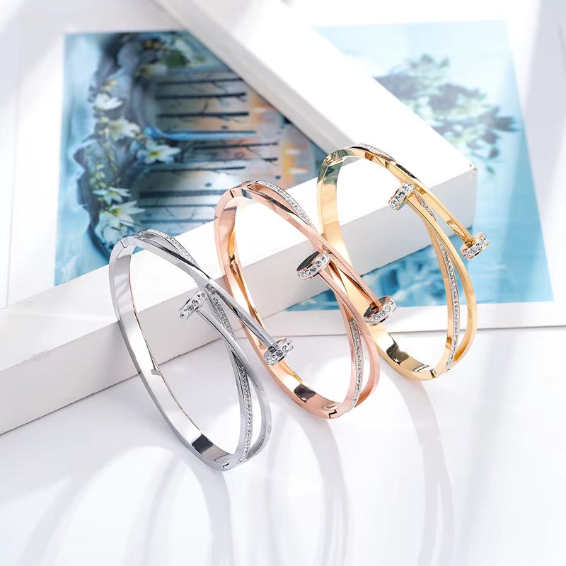 New Unique Double Crystal Nail Head Cross Stainless Steel Bracelet for Woman Love Wedding Gift Bangle Jewelry Wholesale