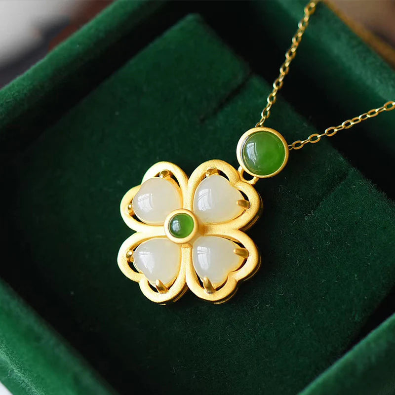 Golden Hetian Jade Clover Green Agate Pendant Necklace