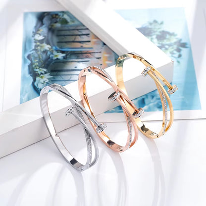 New Unique Double Crystal Nail Head Cross Stainless Steel Bracelet for Woman Love Wedding Gift Bangle Jewelry Wholesale