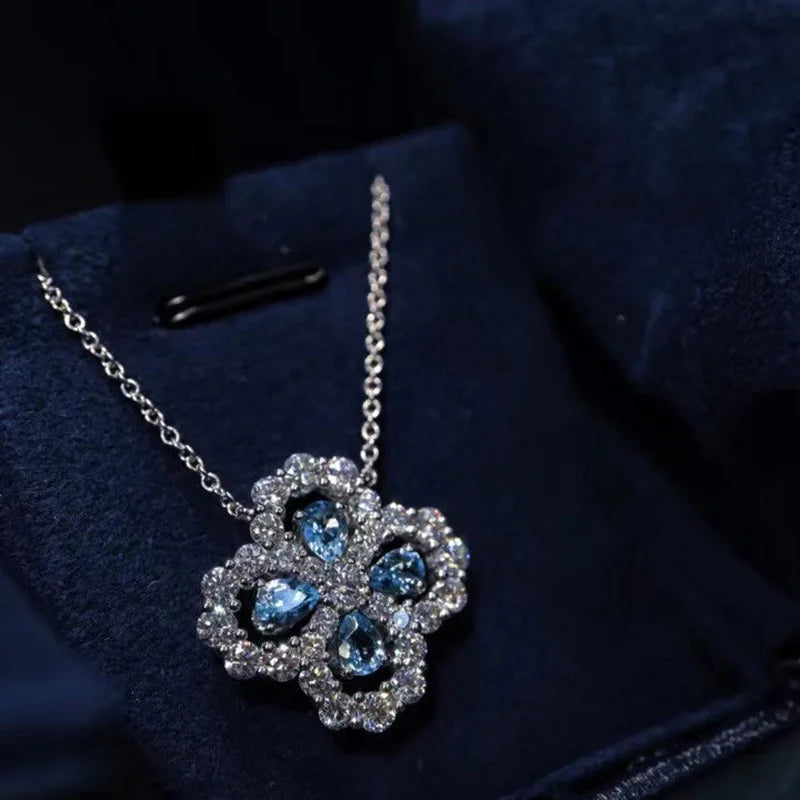 Fashion Charm Female Assembly Jewelry Quality Austrian Blue Crystal Four-Leaf Clover Lucky Clover Rhinestone Necklaces Chain
