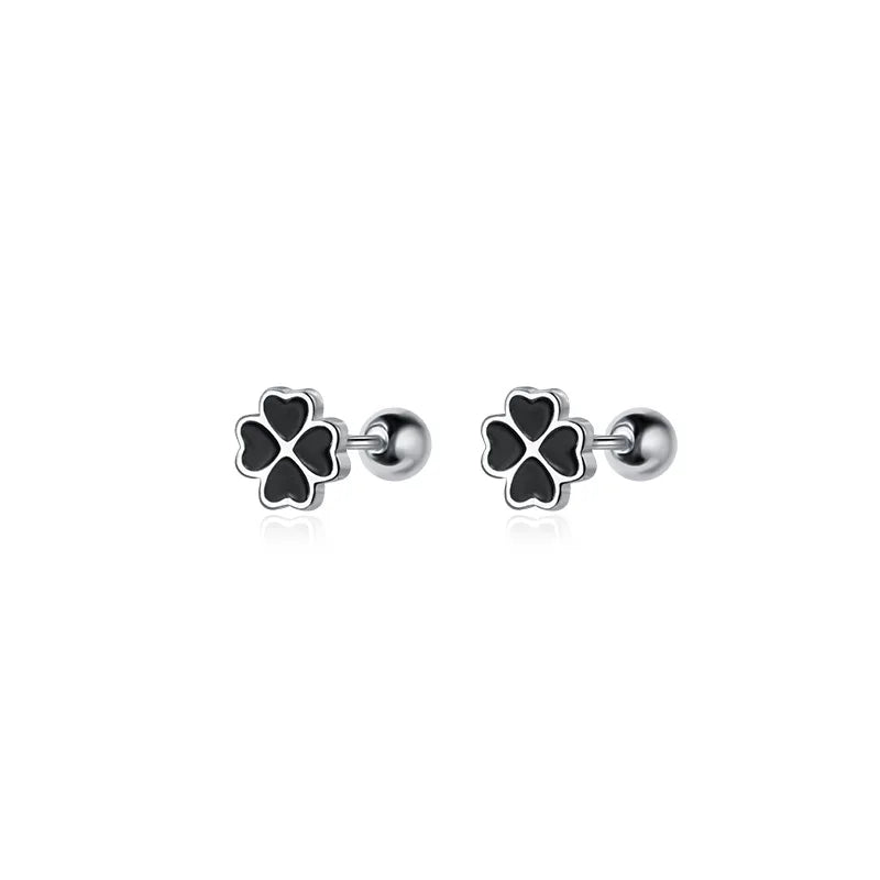 Genuine 925 Sterling Silver Chic Black Zircon Four-Leaf Clover Spiral Bead Stud Earrings for Women Party Wedding Jewelry