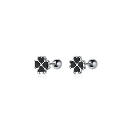 Genuine 925 Sterling Silver Chic Black Zircon Four-Leaf Clover Spiral Bead Stud Earrings for Women Party Wedding Jewelry