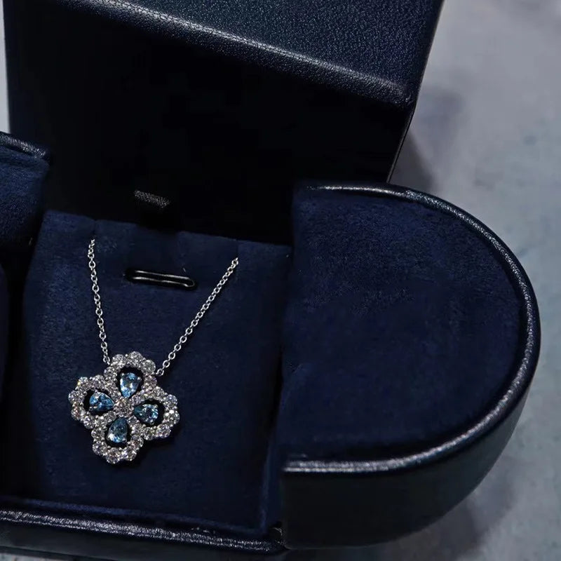 Fashion Charm Female Assembly Jewelry Quality Austrian Blue Crystal Four-Leaf Clover Lucky Clover Rhinestone Necklaces Chain