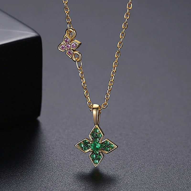 LUOTEEMI Cute Green Four Leaf Clover Long Pendant Necklace for Women Gold Color Simple Design Statement Accessories for Girl
