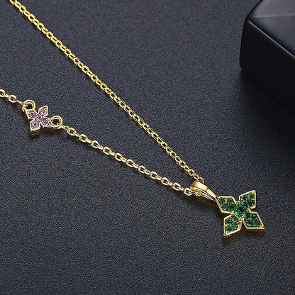 LUOTEEMI Cute Green Four Leaf Clover Long Pendant Necklace for Women Gold Color Simple Design Statement Accessories for Girl