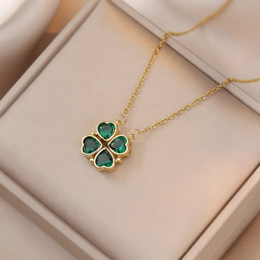 Vintage Green Zircon Can Open Four Clover Pendant Necklaces for Women Stainless Steel Jewelry Accessories Gifts for Christmas