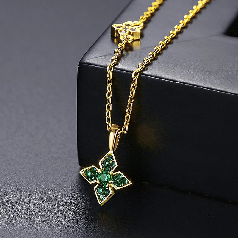 LUOTEEMI Cute Green Four Leaf Clover Long Pendant Necklace for Women Gold Color Simple Design Statement Accessories for Girl