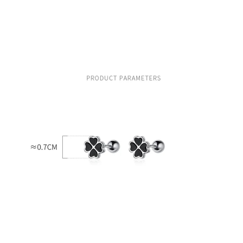 Genuine 925 Sterling Silver Chic Black Zircon Four-Leaf Clover Spiral Bead Stud Earrings for Women Party Wedding Jewelry