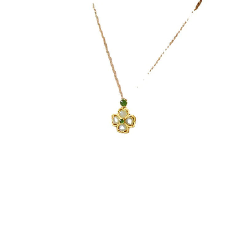 Golden Hetian Jade Clover Green Agate Pendant Necklace