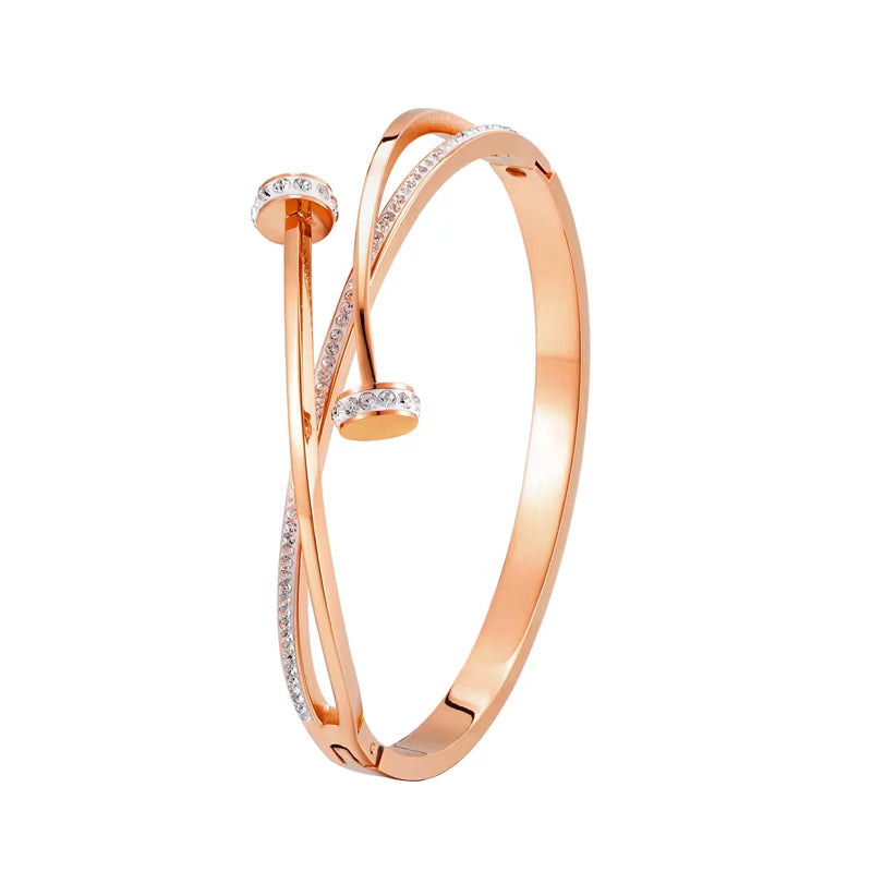New Unique Double Crystal Nail Head Cross Stainless Steel Bracelet for Woman Love Wedding Gift Bangle Jewelry Wholesale