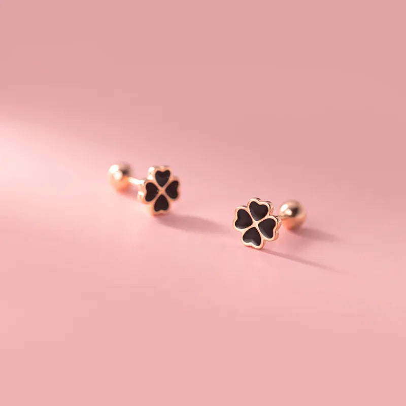Genuine 925 Sterling Silver Chic Black Zircon Four-Leaf Clover Spiral Bead Stud Earrings for Women Party Wedding Jewelry