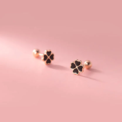 Genuine 925 Sterling Silver Chic Black Zircon Four-Leaf Clover Spiral Bead Stud Earrings for Women Party Wedding Jewelry