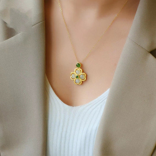 Golden Hetian Jade Clover Green Agate Pendant Necklace