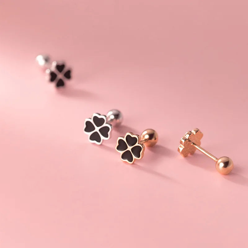 Genuine 925 Sterling Silver Chic Black Zircon Four-Leaf Clover Spiral Bead Stud Earrings for Women Party Wedding Jewelry