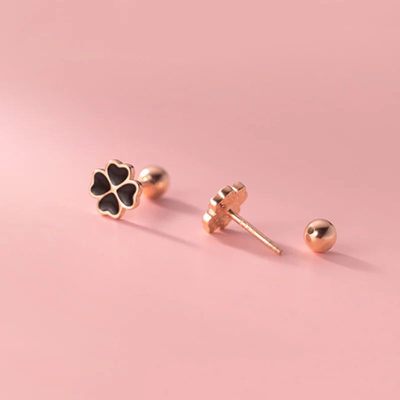 Genuine 925 Sterling Silver Chic Black Zircon Four-Leaf Clover Spiral Bead Stud Earrings for Women Party Wedding Jewelry