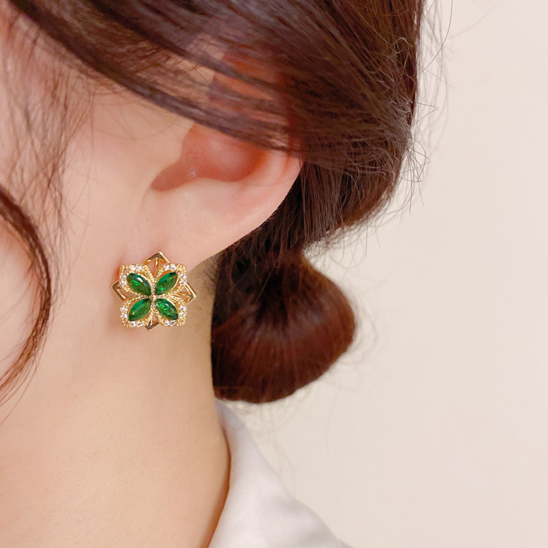 Green Zircon Rotating Four-Leaf Clover Earrings
