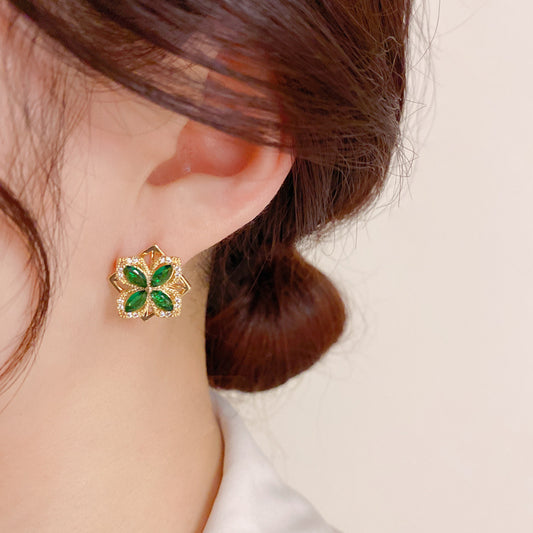 Green Zircon Rotating Four-Leaf Clover Earrings