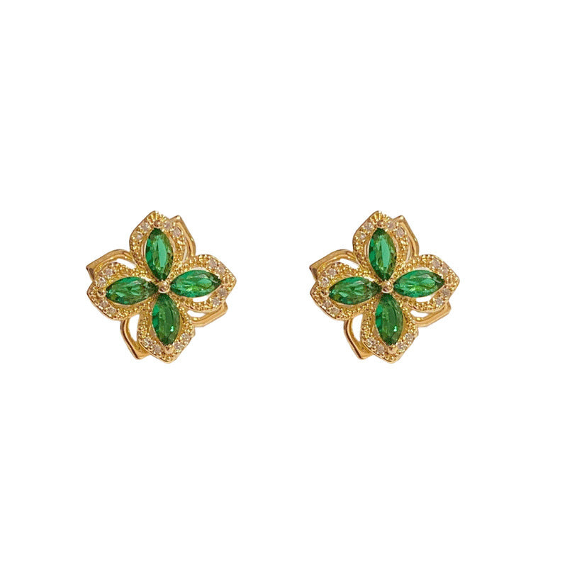 Green Zircon Rotating Four-Leaf Clover Earrings