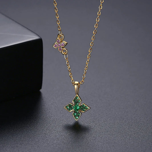 LUOTEEMI Cute Green Four Leaf Clover Long Pendant Necklace for Women Gold Color Simple Design Statement Accessories for Girl